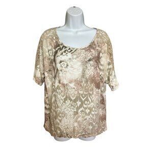 Chico's Womens Top Size M Neutral Floral Lacy Detailing Soft T-shirt High Low